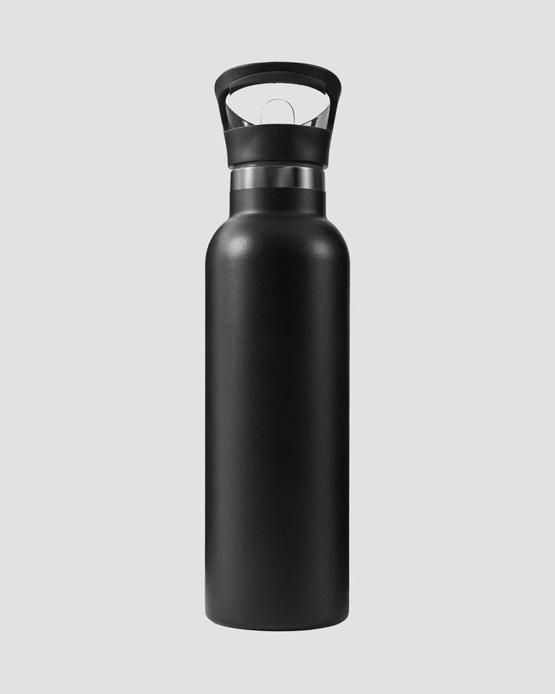 stainless steel water bottle black w. white logo 600ml